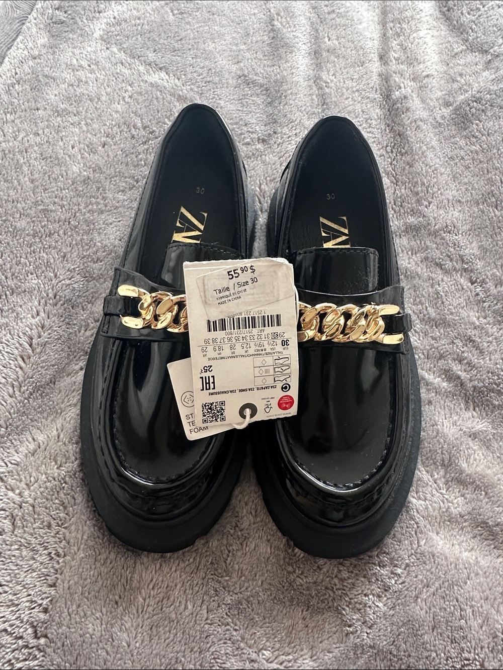 Zara Black Patent Loafers with Gold Chain Accent